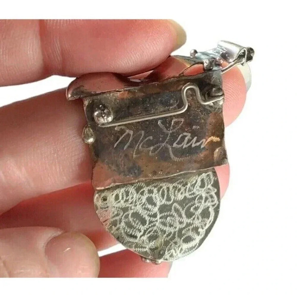 Vintage Handmade Brooch Pin Blue Glass Silver Signed Statement Chunky Unique - Picture 2 of 5